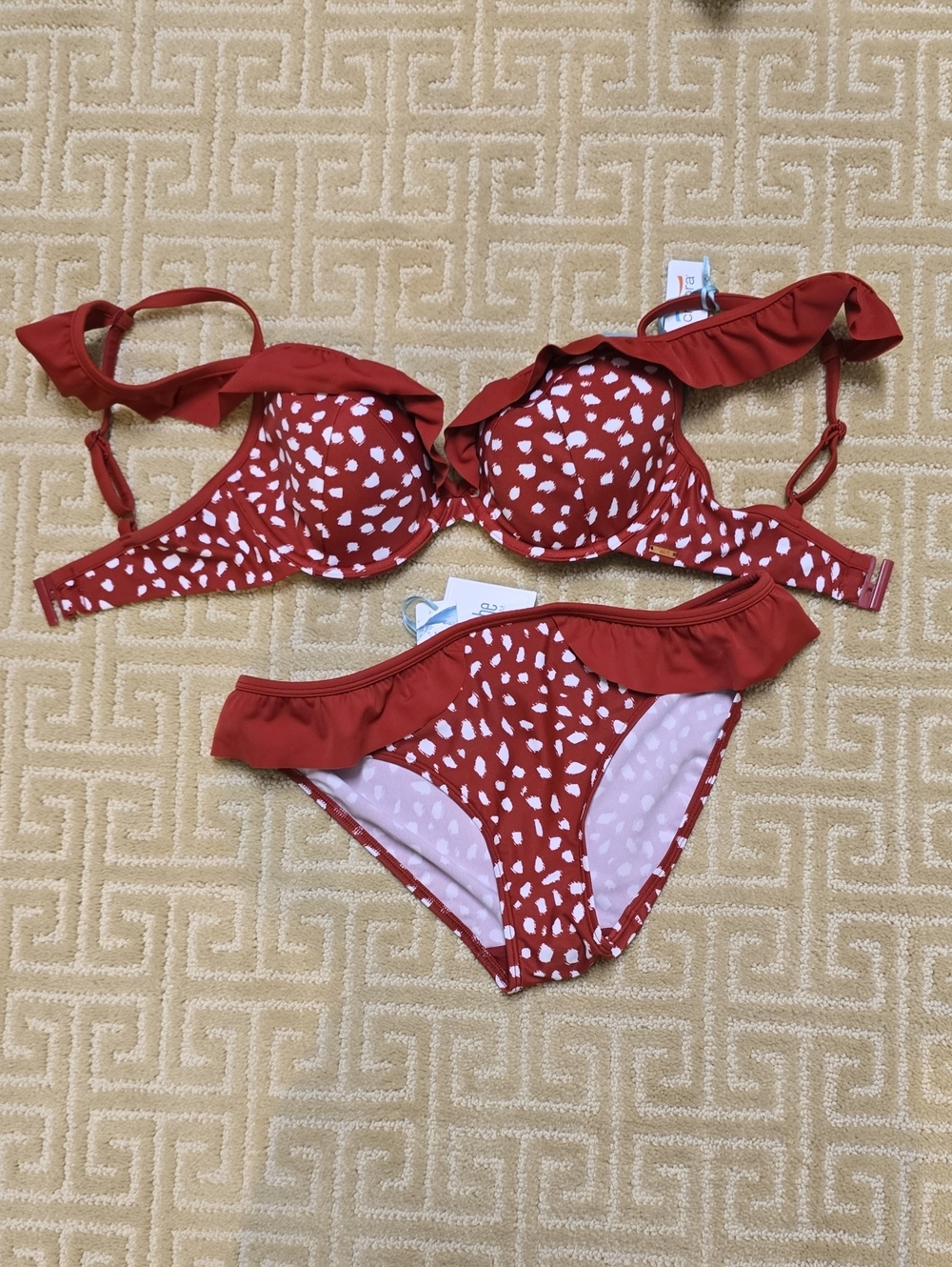 Panache Rust Red Ruffle Two-Piece Swim Set, Cup 30F UK Bottom M